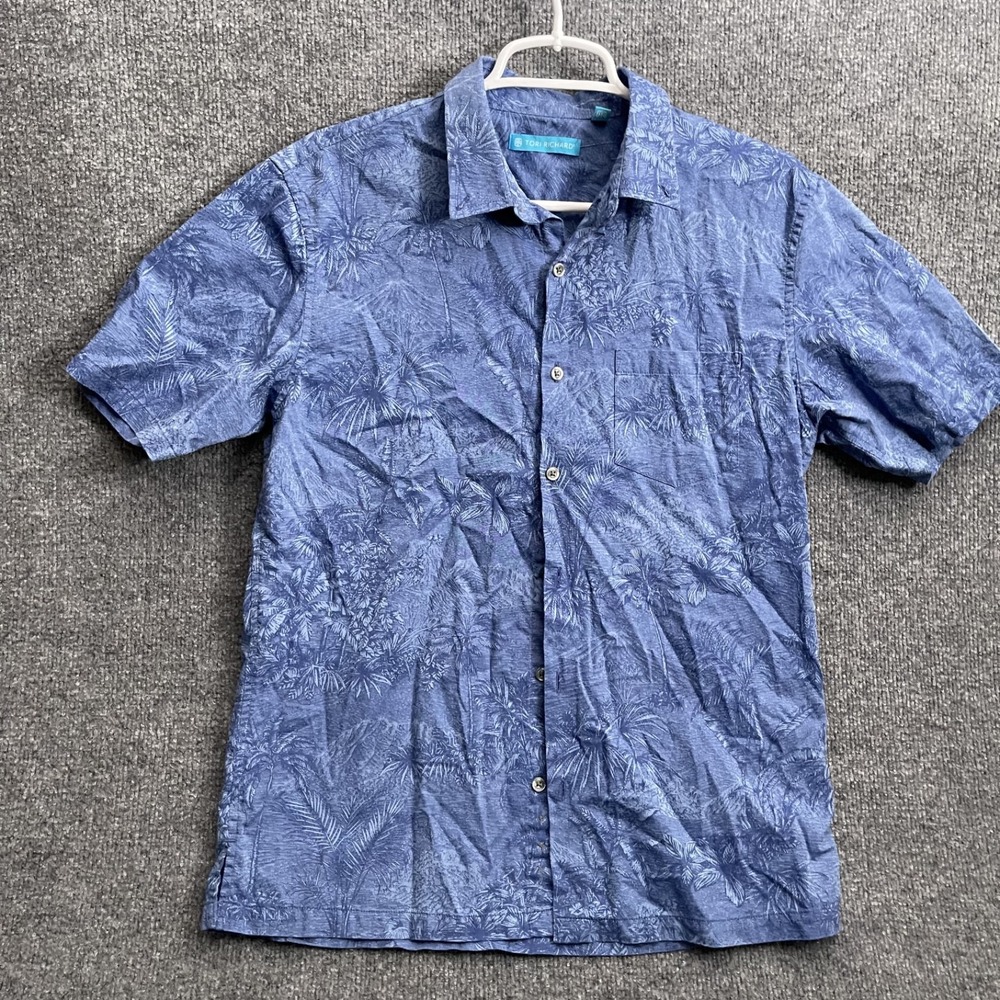 Tori Richard Hawaiian Camp Shirt Mens Sz M Blue Tropical Palm Floral Button Up